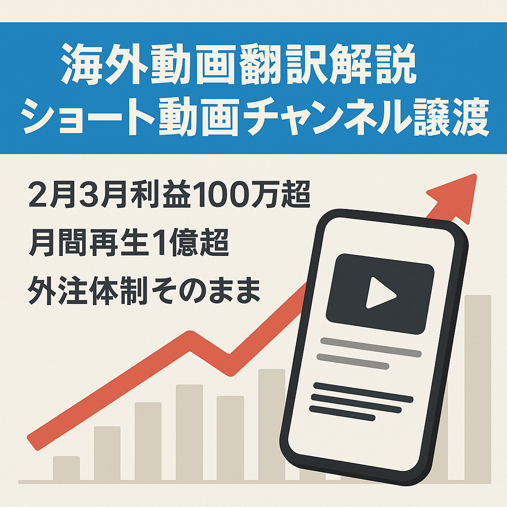 【3月収益180万円・登録者10万人】海外動画の翻訳解説ショート動画chの譲渡！月間再生１億越え【外注可能/属人性なし】