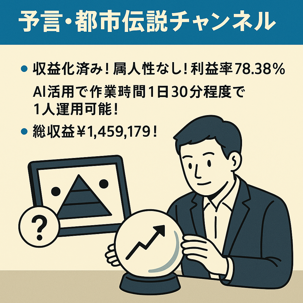 【3ヶ月収益100万円越！利益率78.38％】予言・都市伝説チャンネル｜1人で即運営OK・早期売却・価格交渉も大歓迎