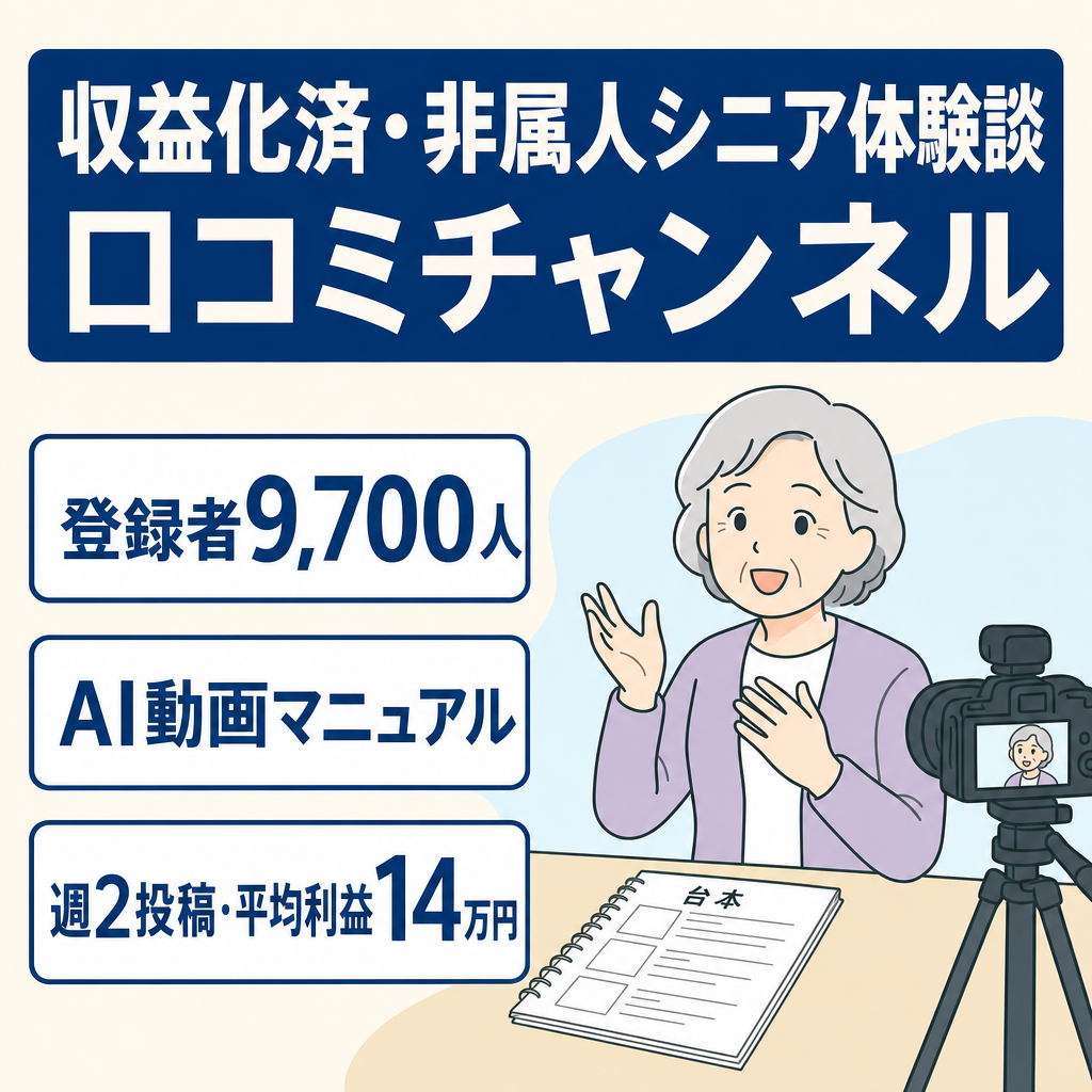【収益化済・登録者9,700人】完全非属人・シニアのリアルな体験談口コミチャンネル｜動画マニュアル完備で即運用可能！