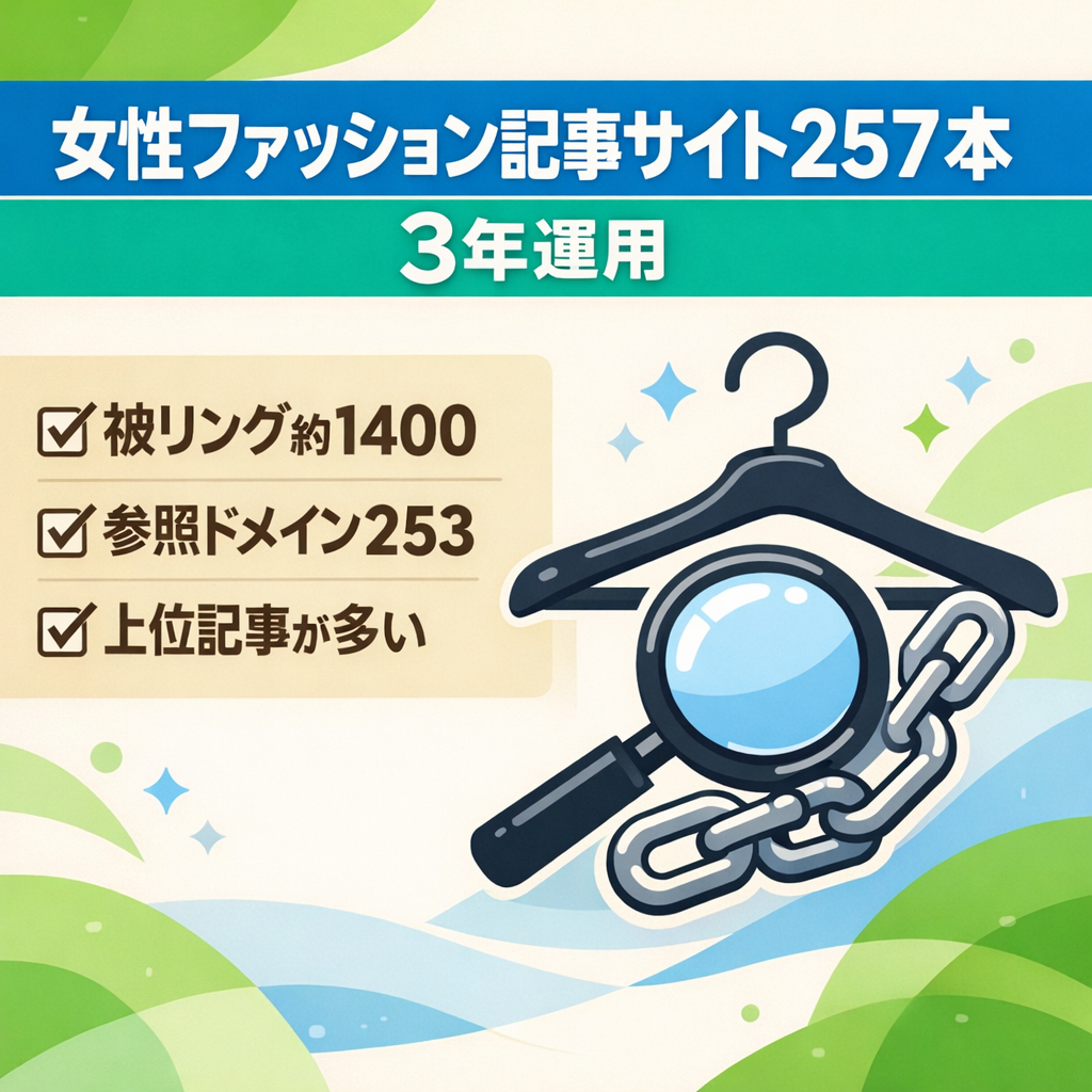 【被リンク1400・参照253】女性ファッション257記事｜3年運用ドメイン・リライトによる改善余地あり
