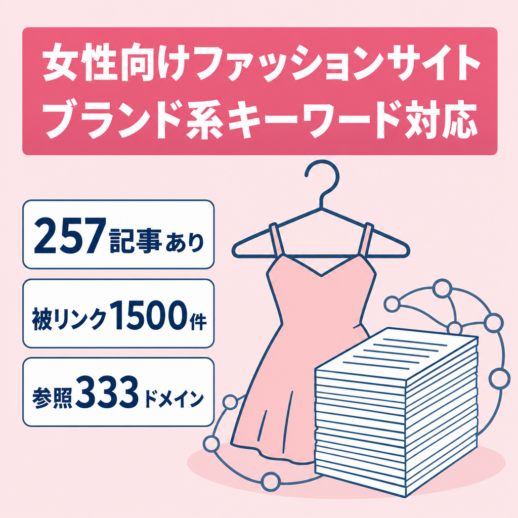 【女性向けファッションサイト】257記事・被リンク1,500・参照333｜ブランド系KW・3年運営