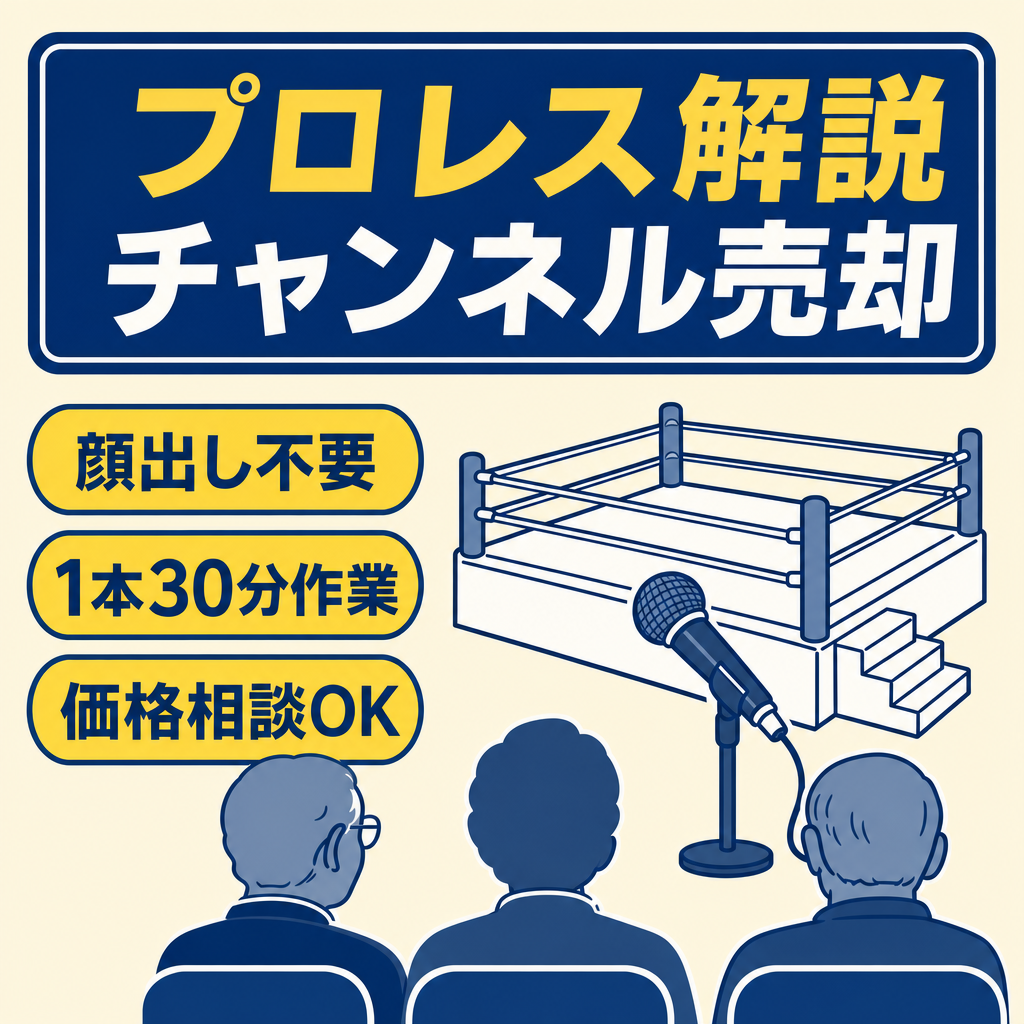 プロレス解説チャンネル。値段交渉可能。顔出し不要。競合少数。シニア層多数。