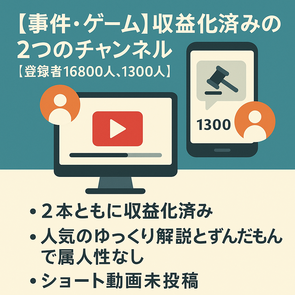 【事件・ゲーム】収益化済み放置2つのチャンネル【登録者16800人、1300人】