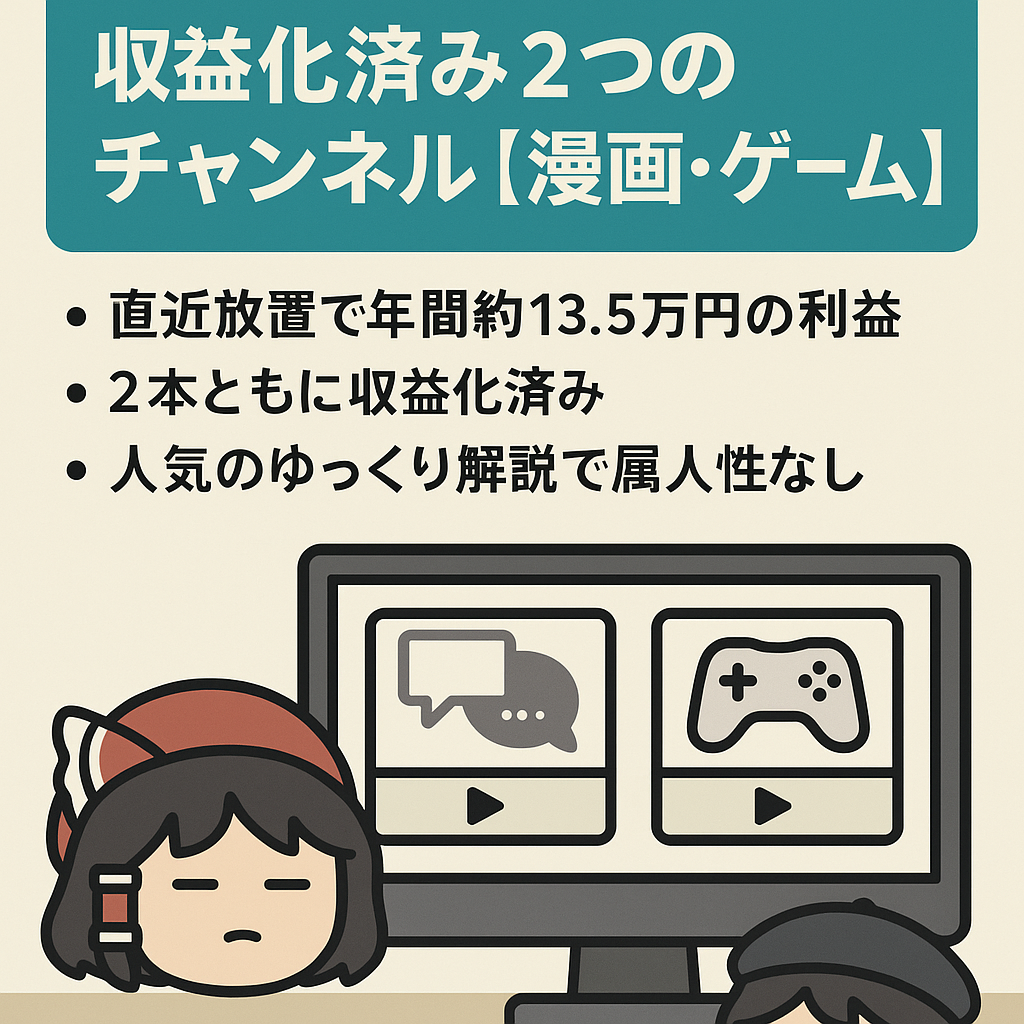【放置で年間約13.5万円】収益化済み放置2つのチャンネル【漫画・ゲーム】