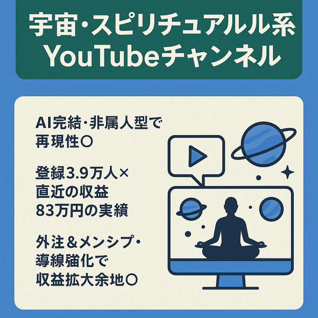 【月収83万／AI完結×非属人】宇宙・スピリチュアル系YouTubeチャンネル｜登録者3.9万人｜高RPM×長尺構成｜テンプレ・サポート可