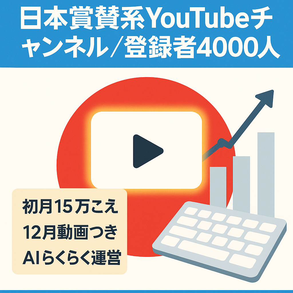 【開設1ヶ月で収益化！】登録者4,000人！日本賞賛系YouTubeチャンネル | 即運営OK・早期売却歓迎・価格交渉も大歓迎【属人性ゼロ！テンプレ・プロンプト完備】