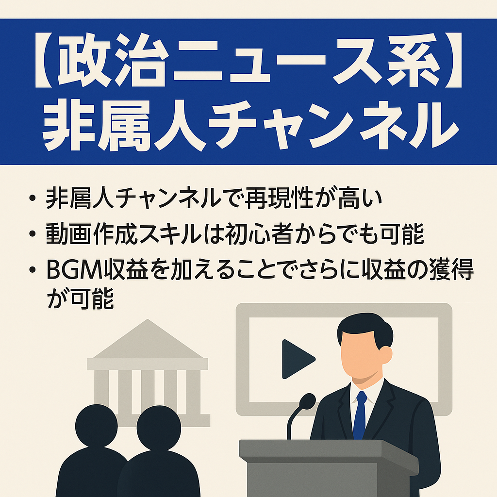 【政治ニュース系】非属人 / 登録者数約2570人 / 今流行りの政治系ジャンル / 7月は6日で収益2万円