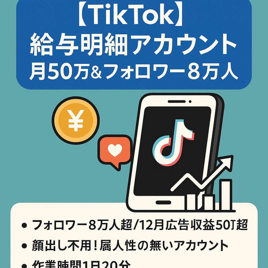 【TikTok広告収益月50万&フォロワー8万人】1日20分の作業でOK！／属人性ナシ／給与明細掲載アカウント
