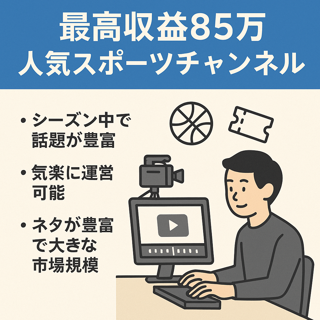 【最高収益85万】大人気スポーツチャンネル、動画作成マニュアル付き、短時間編集（１日40分）価格相談可、早期売却希望