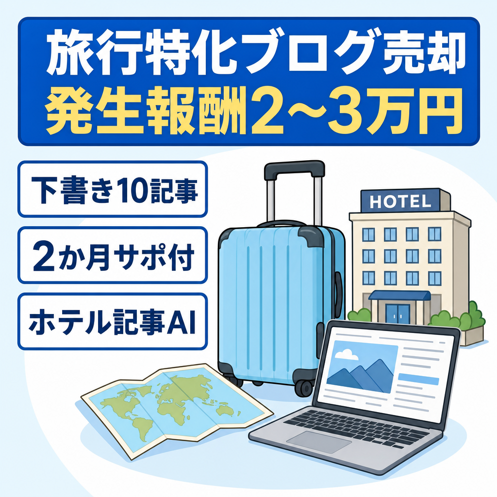 【低PV×高収益】月間3,000PV台で2～3万円の発生報酬！少ない記事数で管理しやすい旅行特化ブログ（すぐに公開可能な10記事＆2ヶ月間のサポート付き）