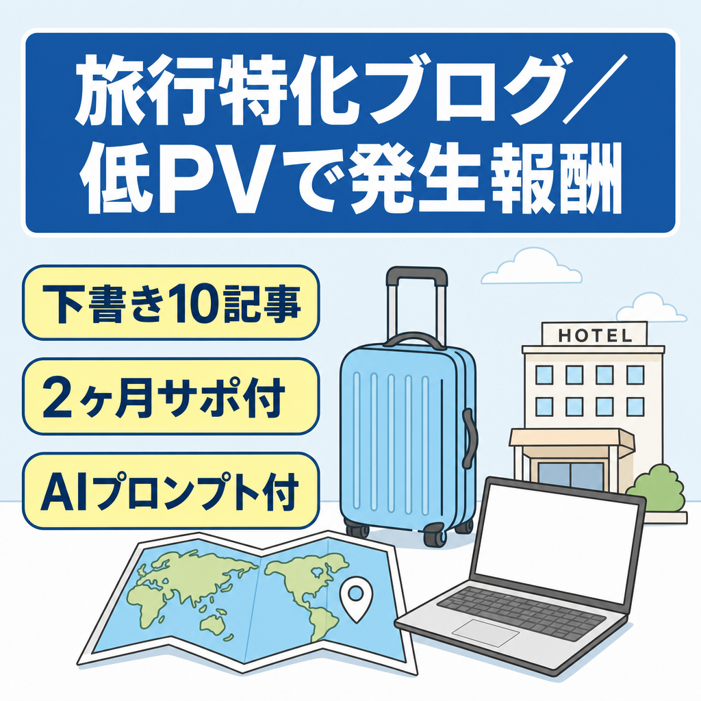 【低PV×高報酬】月間3,000PV台で2～3万円の発生報酬！少ない記事数で管理しやすい旅行特化ブログ（すぐに公開可能な10記事＆2ヶ月間のサポート付き）