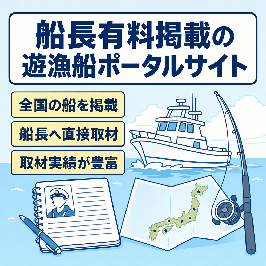 船長への有料掲載モデルで運営してきた、全国対応・取材実績豊富な遊漁船紹介ポータルサイトの譲渡案件
