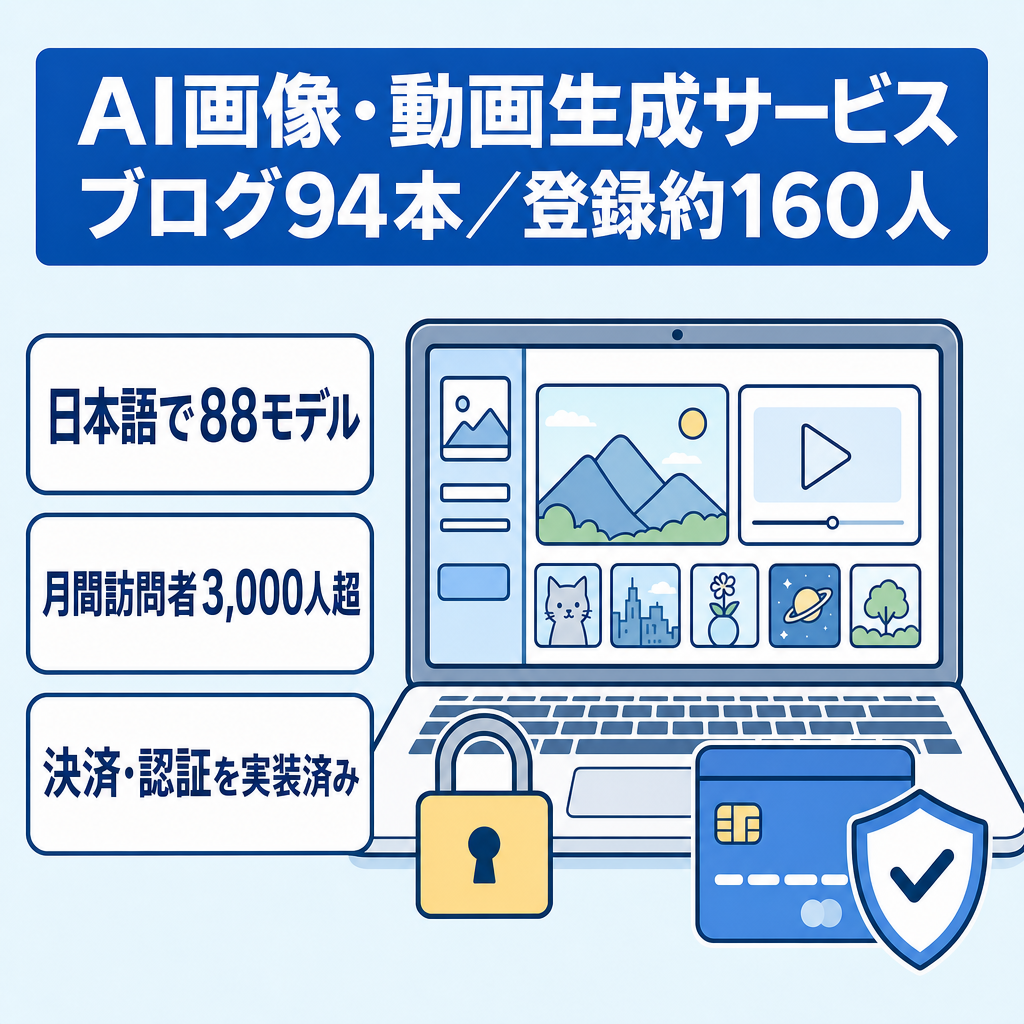 【AI画像・動画生成SaaS】88モデル対応の日本語Webサービス｜月間3,000UU超・ブログ記事94本・累計登録約160人｜決済・認証まで実装済み