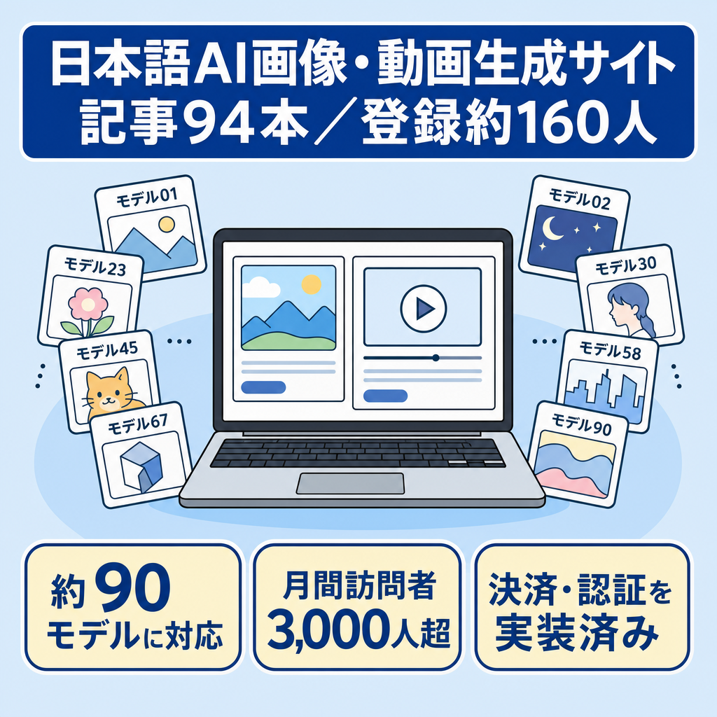 【AI画像・動画生成SaaS】約90モデル対応の日本語Webサービス｜月間3,000UU超・ブログ記事94本・累計登録約160人｜決済・認証まで実装済み