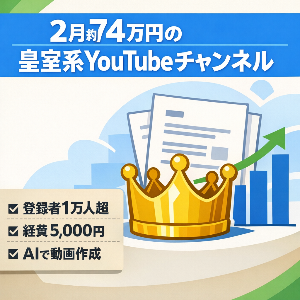 2月約74万円！一人で運営！経費約5,000円！登録者数１万人超の高齢層に強い皇室系ジャンルYouTubeチャンネル