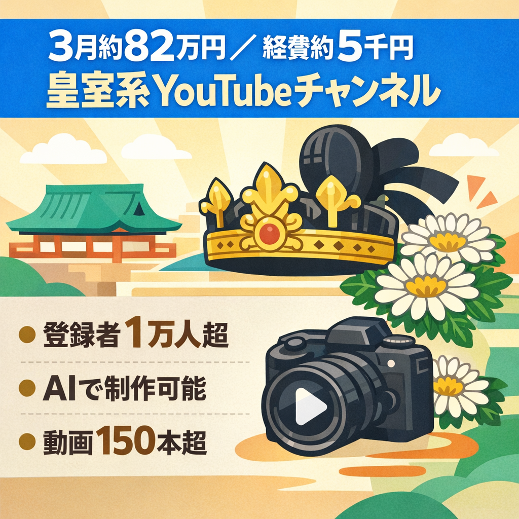 3月約82万円！一人で運営！経費約5,000円！登録者数１万人超の高齢層に強い皇室系ジャンルYouTubeチャンネル
