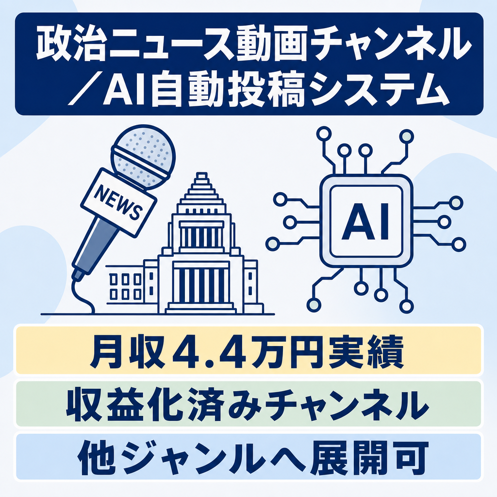 AI動画生成・自動投稿システム一式譲渡｜月収4.4万円実績｜収益化済み政治ニュースch