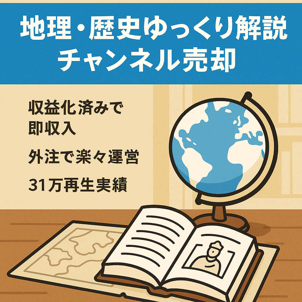 早い者勝ち！【収益化済ですぐ売上↑】地理・歴史ゆっくり解説チャンネル譲渡！【最大再生回数31万回以上/登録者1000人以上】