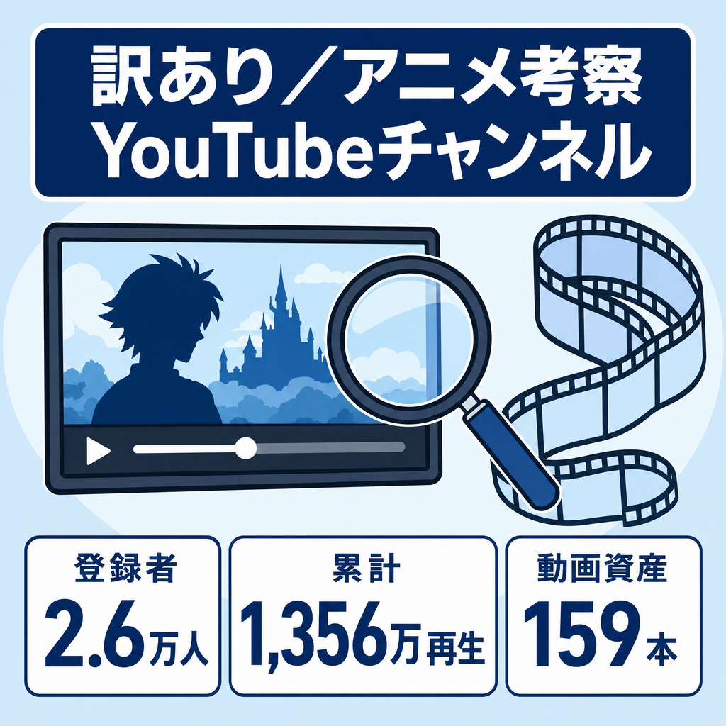 訳あり：【登録者2.6万人／累計1,356万再生】長尺・Shorts実績あり｜アニメ考察YouTubeチャンネル