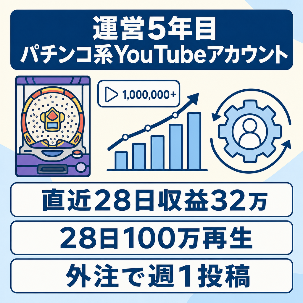 【直近28日収益32万】値引き交渉歓迎！完全外注化済！非属人のパチンコ系YouTube垢！【運営5年目】