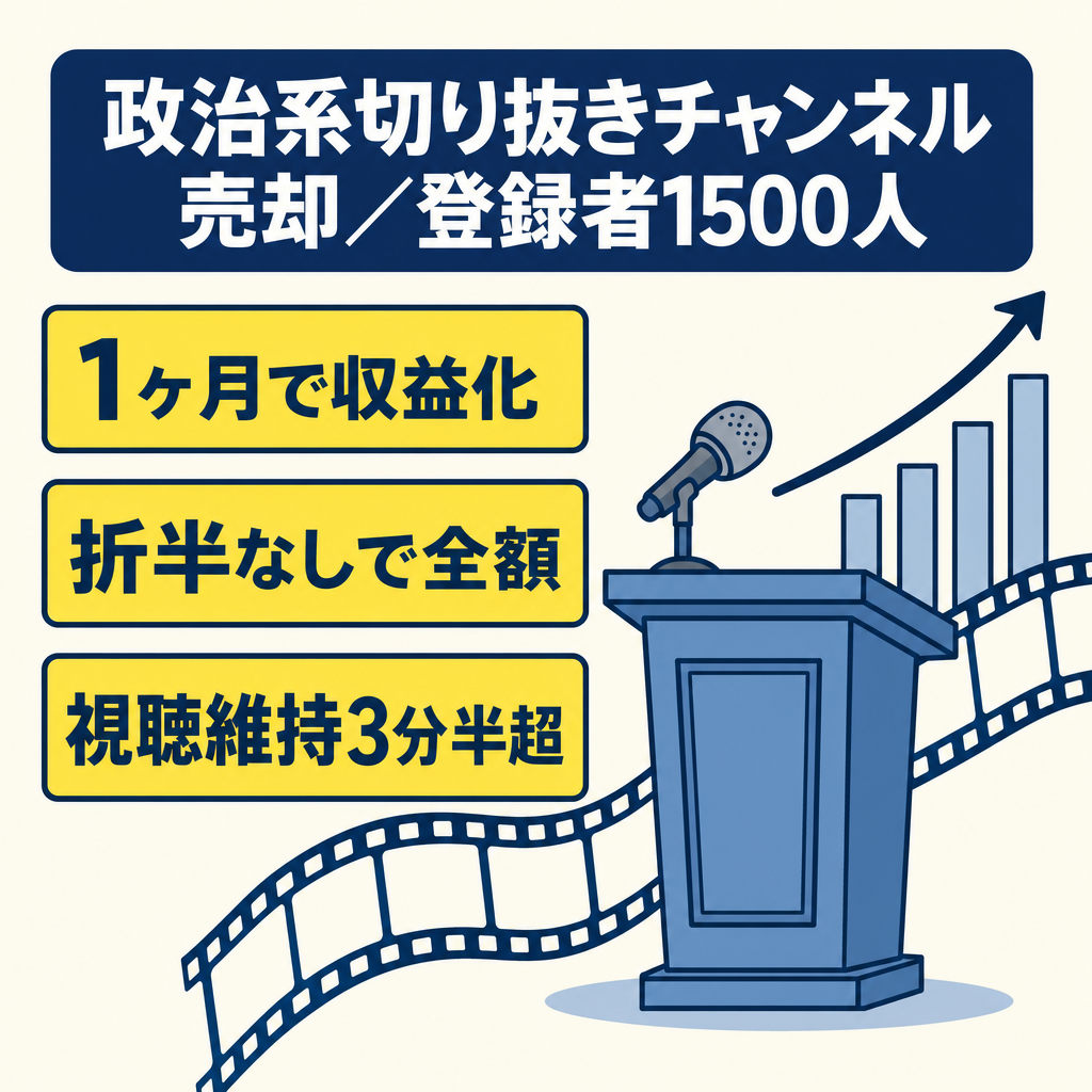 【１ヶ月で収益化達成】保守系政党政治系切り抜きチャンネル！長尺動画で広告単価も高め、登録者1500人!切り抜き動画のフォーマットもお渡しします！値下げ交渉歓迎！