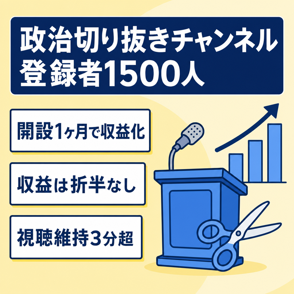 【１ヶ月で収益化達成】保守系政党政治系切り抜きチャンネル！長尺動画で広告単価も高め、登録者1500人!切り抜き動画のフォーマットもお渡しします！値下げ交渉歓迎！