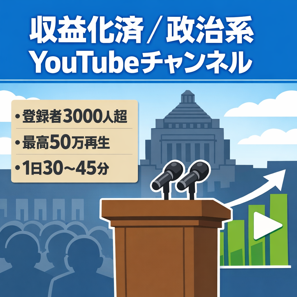 【収益化済 / 非属人Youtube登録者3,000人超】政治系Youtubeチャンネル