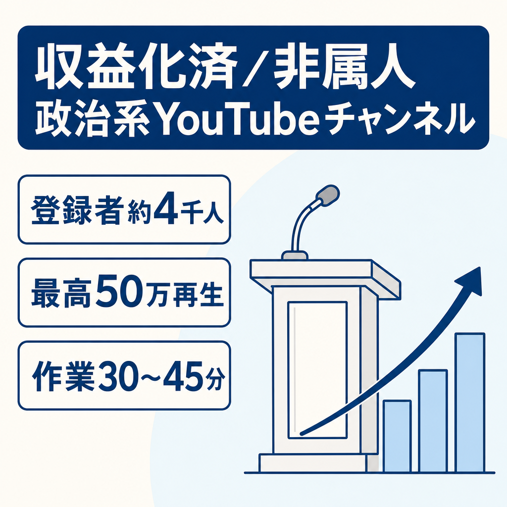 【収益化済 / 非属人Youtube登録者3,000人超】政治系Youtubeチャンネル