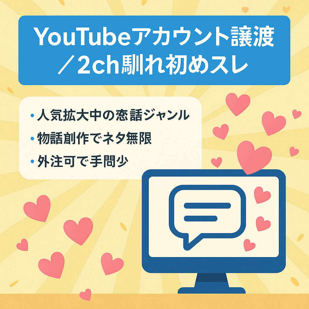 【 2ch馴れ初めスレ】フル外注化可能！トップクラスの人気ジャンル！【Youtubeアカウント譲渡】