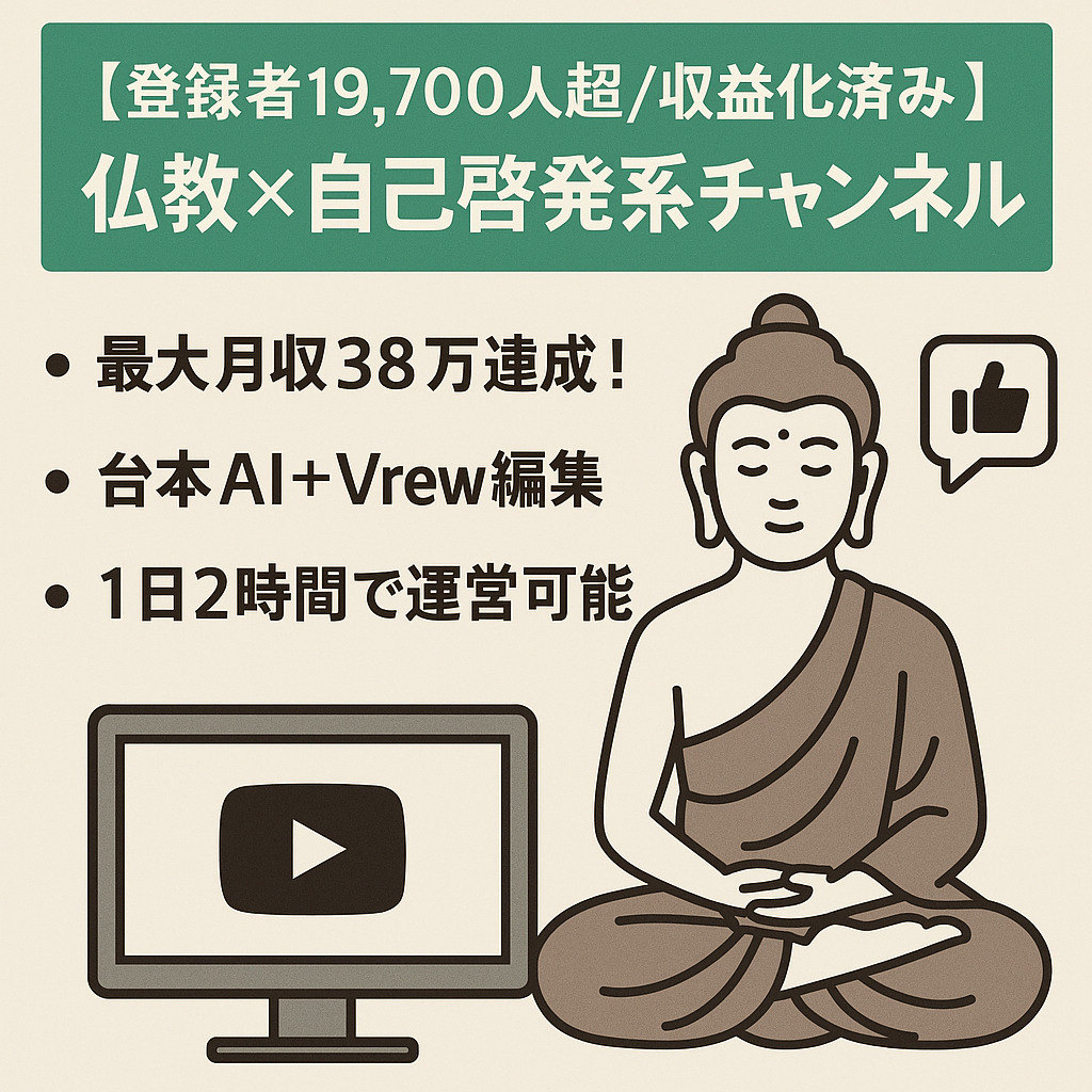 【登録者19,700人超/収益化済み】仏教×自己啓発系チャンネル/最高月収38万円/属人性ゼロ・AI×Vrew構成/価格交渉歓迎‼即決あり