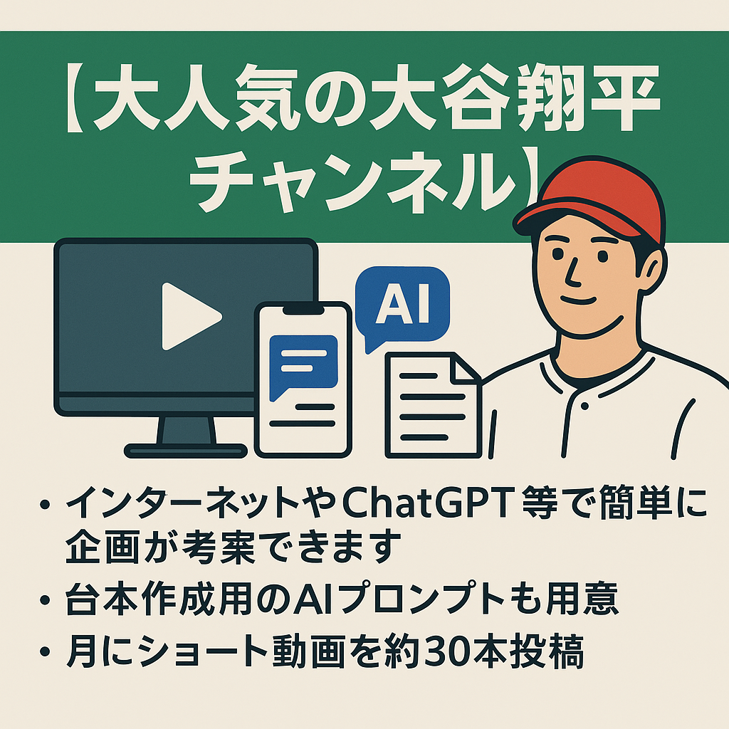 【大人気の大谷翔平チャンネル/登録者1万4千人】計980万回再生超え！AI台本作成マニュアル（プロンプト有）付き！ショート動画メイン！【顔出し・属人性なし】