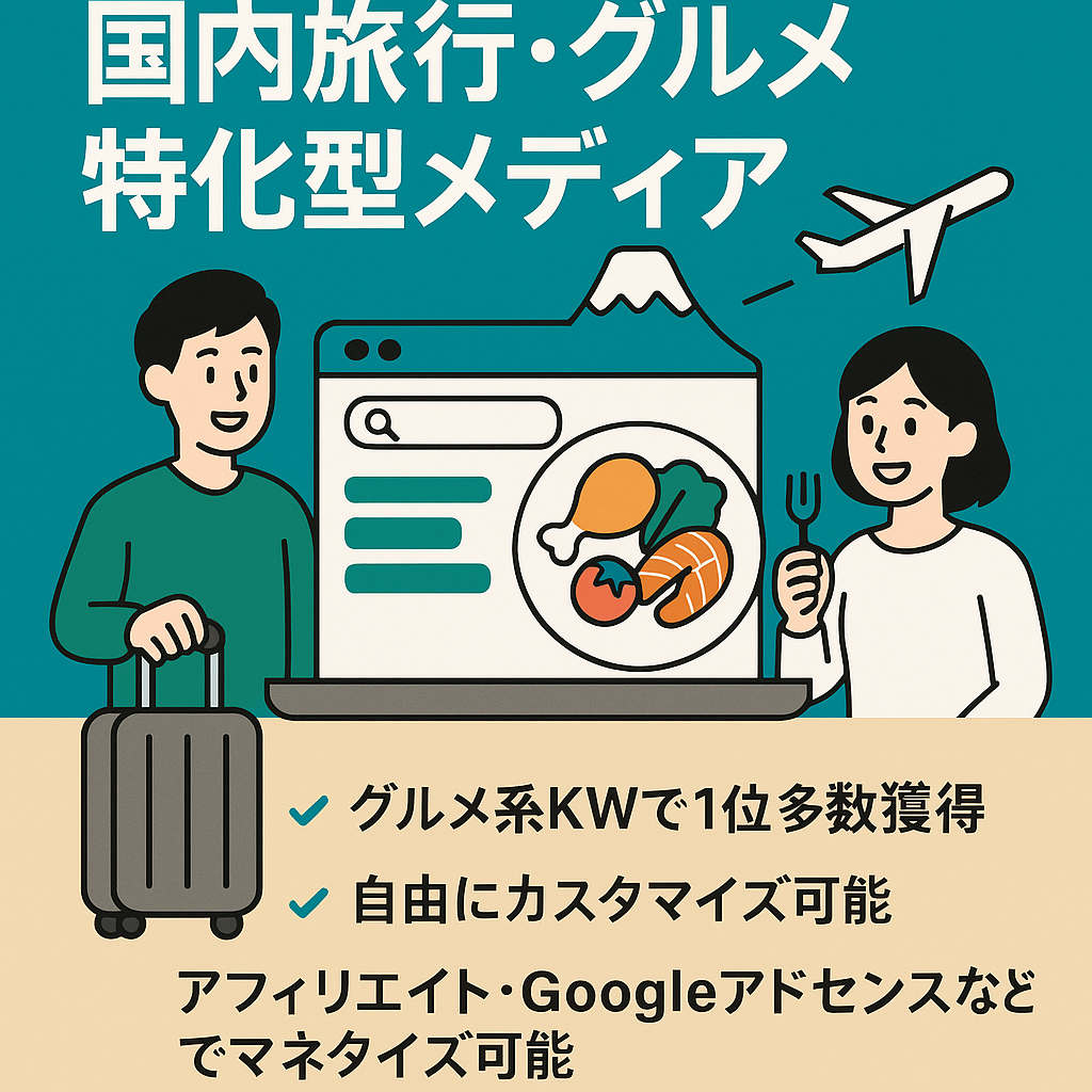 【※値下げ交渉可※】国内旅行・グルメ特化型メディア｜収益化開始1ヶ月目から月の収入5桁