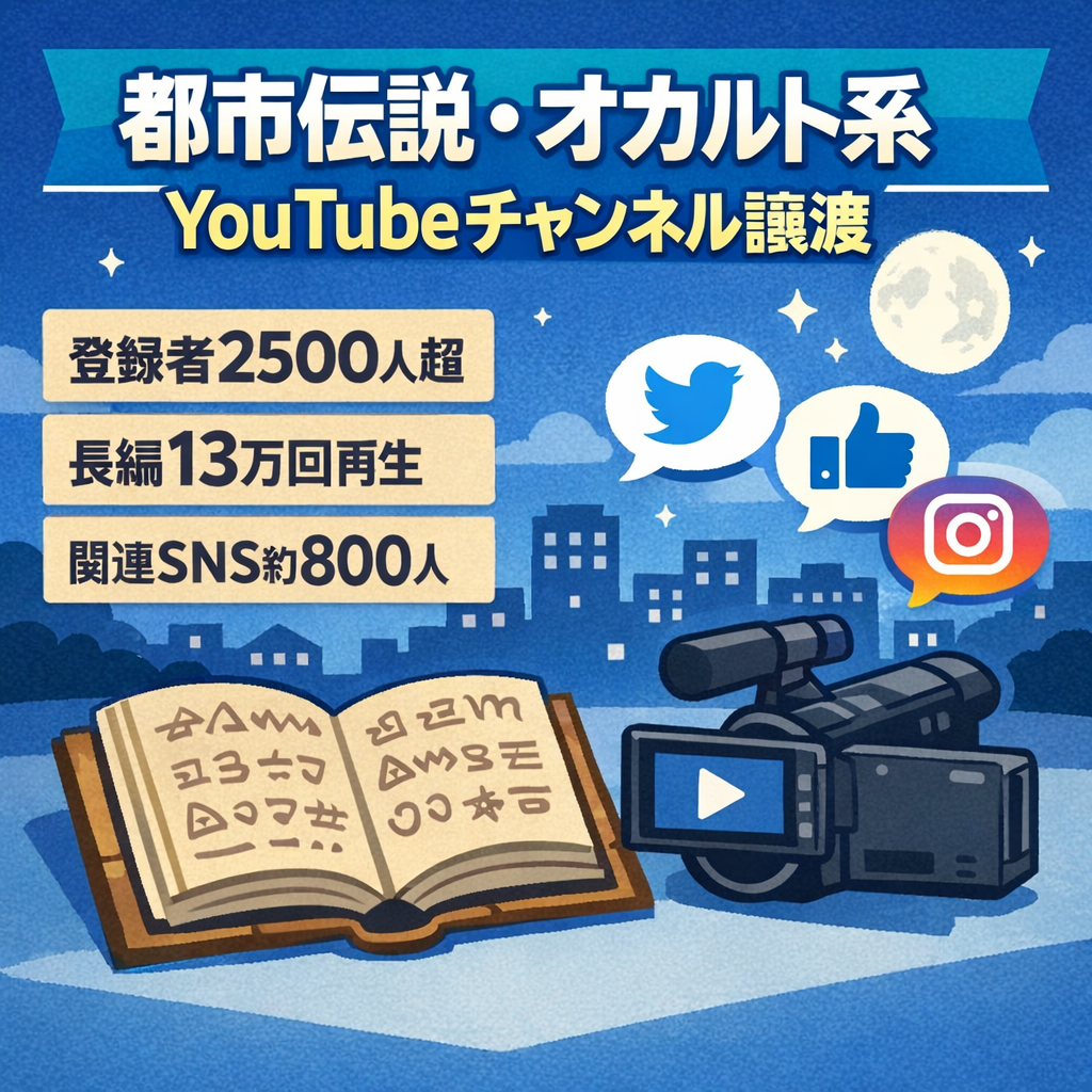 訳あり：登録者2500人越え！都市伝説&オカルト系YouTube。最も伸びた長編動画は13万回再生！付随するTikTok（500人以上）とInstagram（約300人）もお渡しします