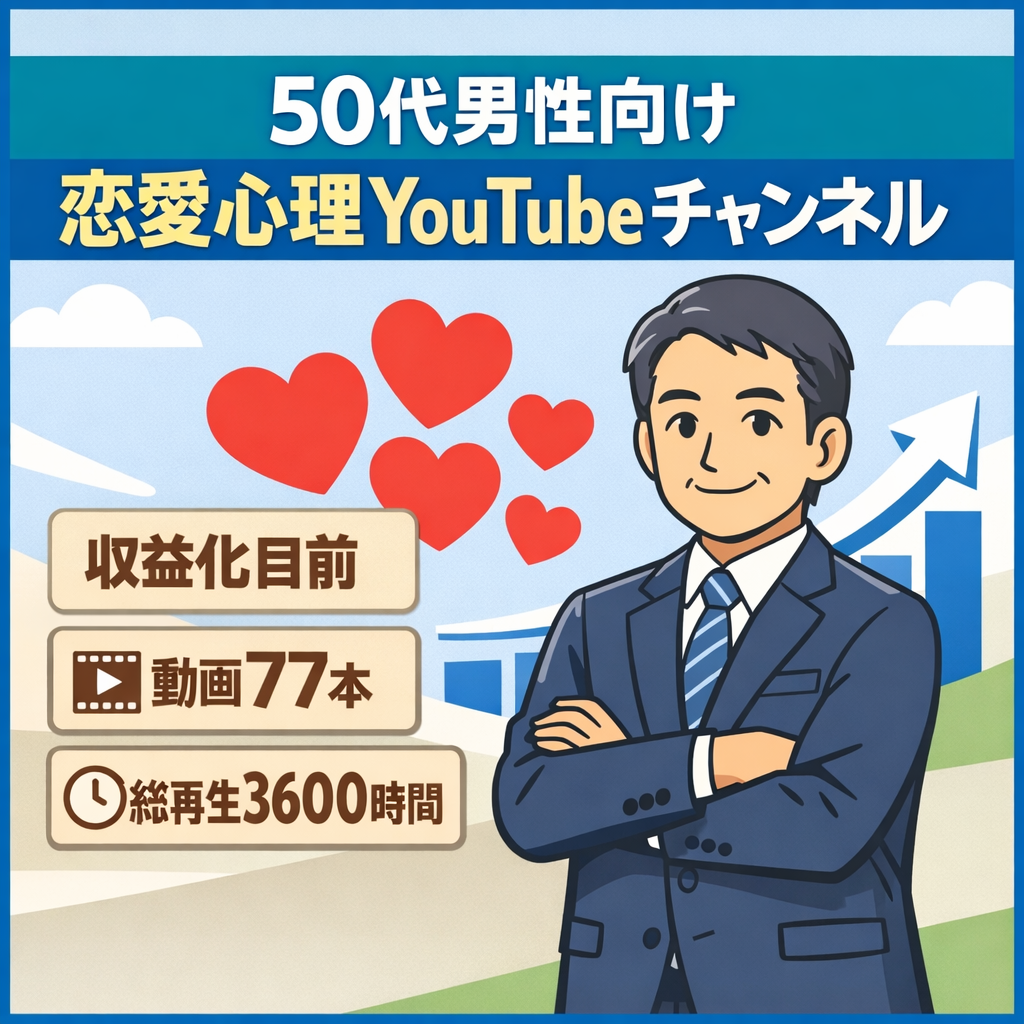 【収益化目前】50代男性向け恋愛心理YouTubeチャンネル｜動画77本・総再生9.2万回