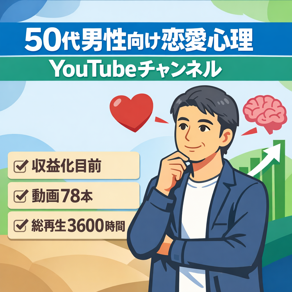 【収益化目前】50代男性向け恋愛心理YouTubeチャンネル｜動画78本・総再生9.2万回