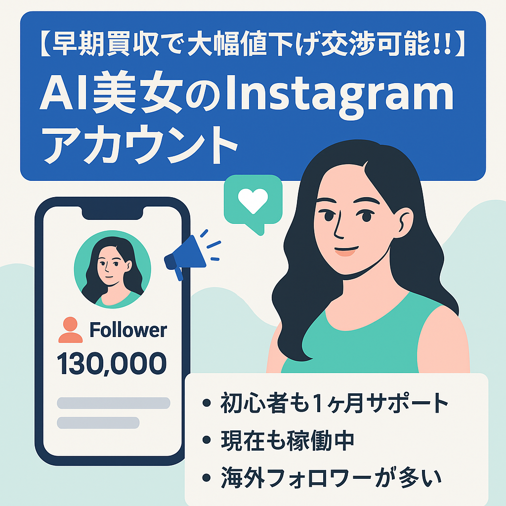 【早期買収で大幅値下げ交渉可能!!】フォロワー13万人で1ヶ月のインプ数250万越え!! InstagramのAI美女アカウント!! AI美女の生成方法や運営方法などを1ヶ月サポート!!