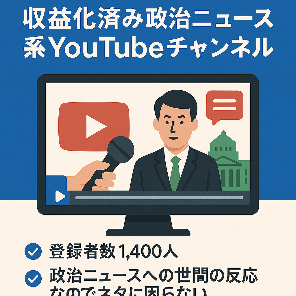 【チャンネル登録1,400人】収益化済み政治ニュースに対する世間の反応系YouTubeチャンネルのアカウント譲渡【属人性なし】