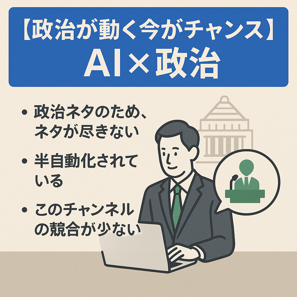 【政治が動く今がチャンス】AI×政治ジャンル / 4月は5本投稿で収益25万円 /  登録者2万3000人 / 非属人 / 半自動なので作業は1時間 / 自動プログラム譲渡