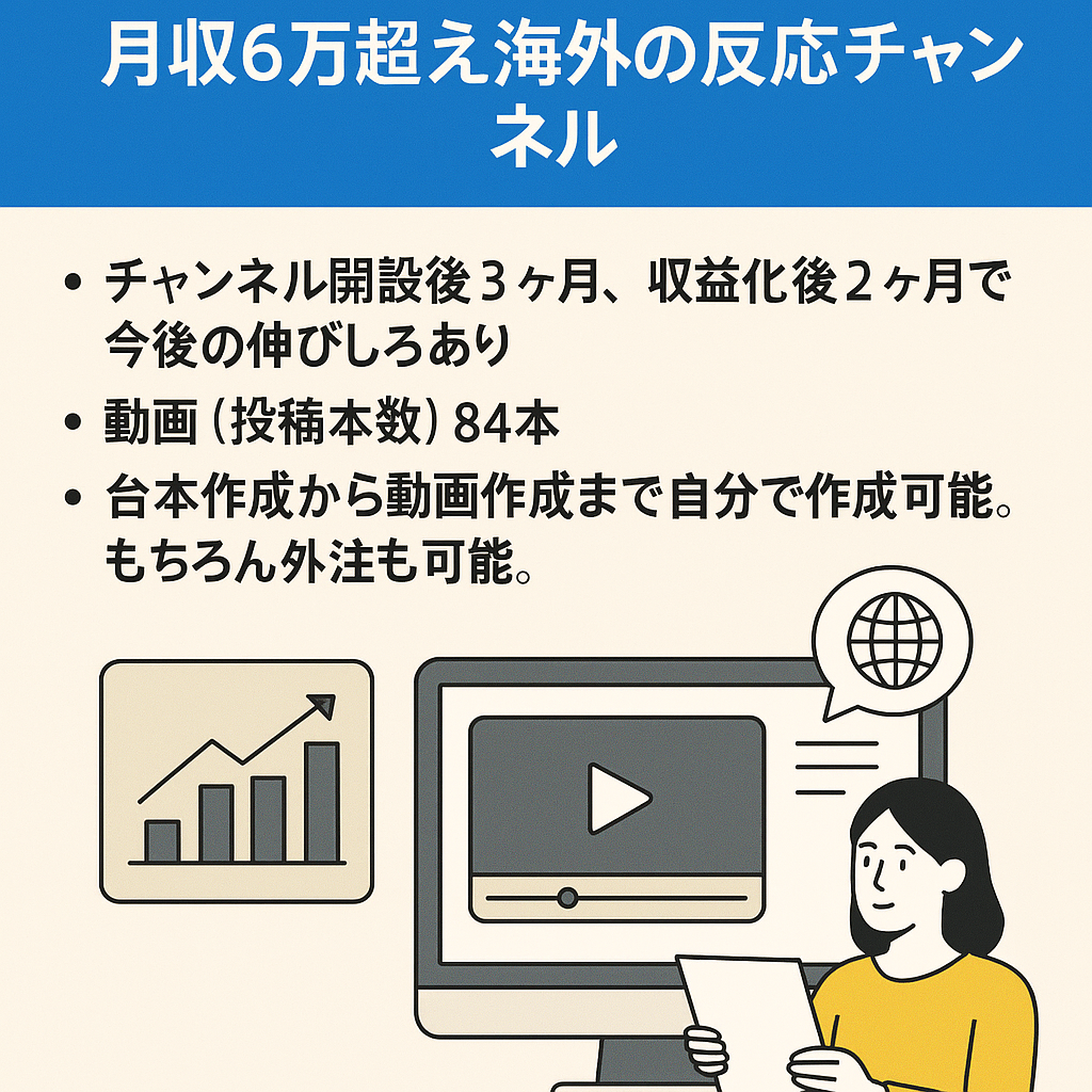 最終値下げ【AI×外注化済み】月収6万超え海外の反応チャンネル｜動画84本・収益化直後月で6万円実績✨即運用OK！