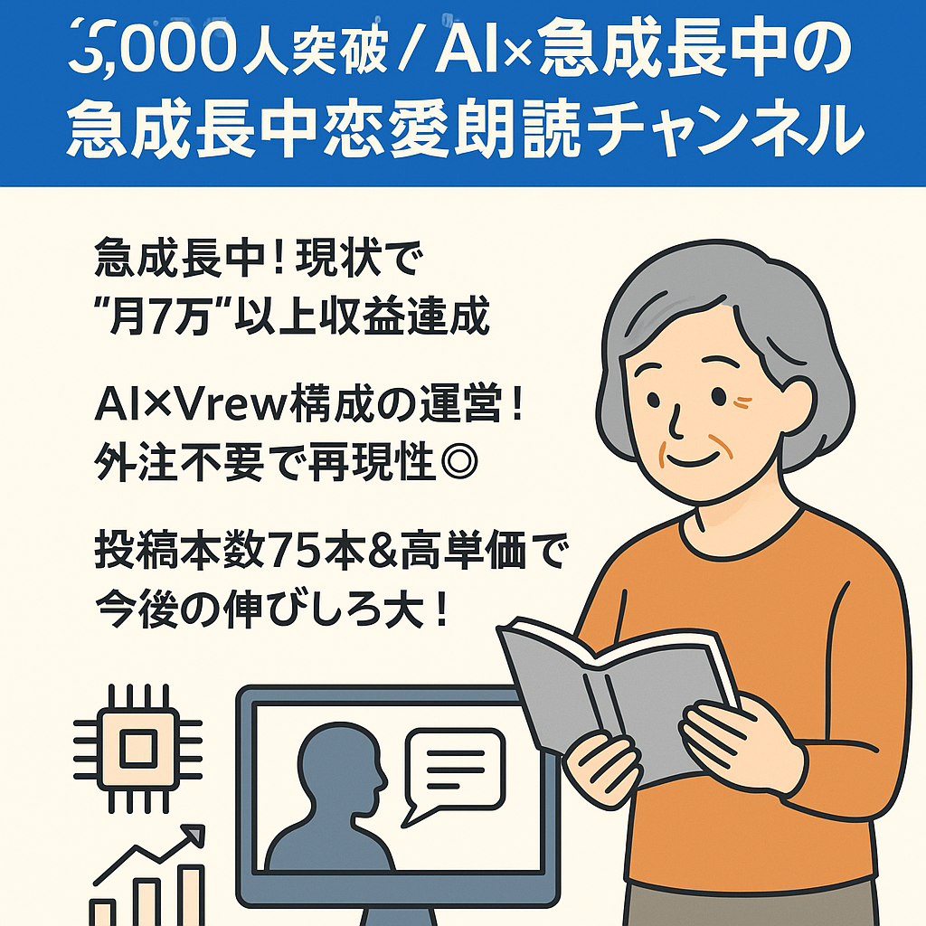 【収益化2ヶ月・直近月7万達成】3,000人突破／AI×Vrew構成／急成長中のシニア向け恋愛朗読チャンネル｜外注化未実施・属人性ゼロ