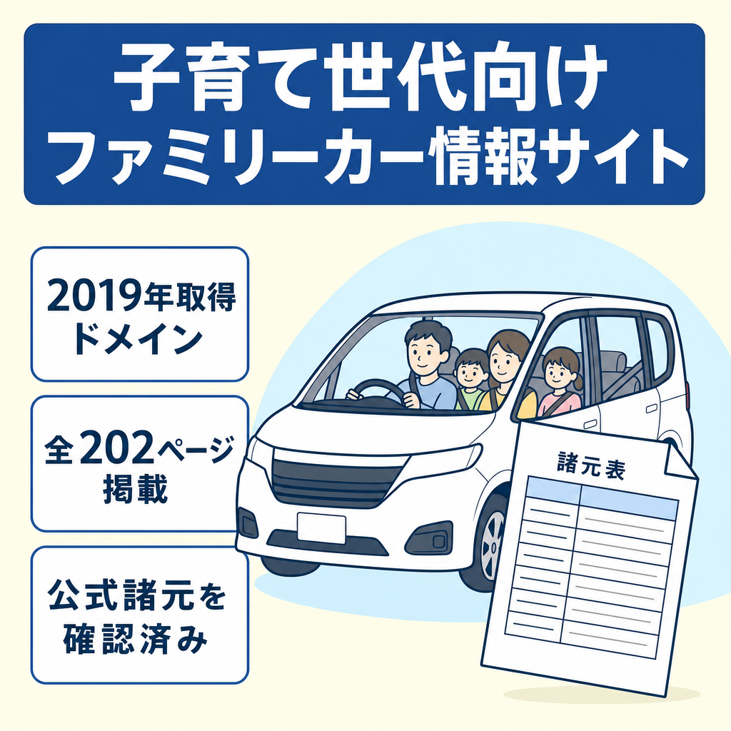 【2019年取得ドメイン】子育て世代のファミリーカー選びに特化／全202ページ・メーカー公式諸元で数値を裏取り済み