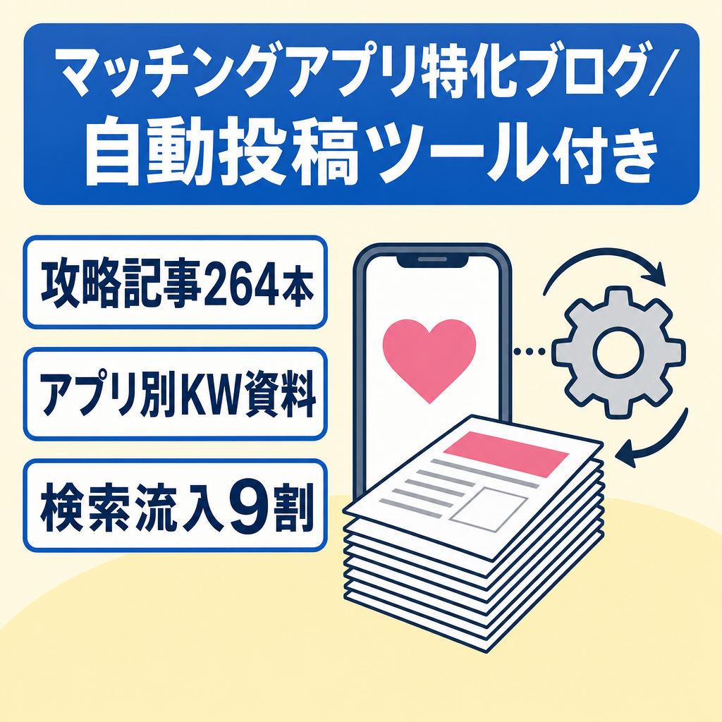 【記事264本】AI記事生成・投稿自動化ツール一式付き｜マッチングアプリ特化ブログ（検索流入9割）