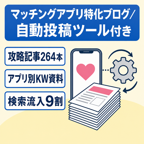 【記事264本】AI記事生成・投稿自動化ツール一式付き｜マッチングアプリ特化ブログ（検索流入9割）