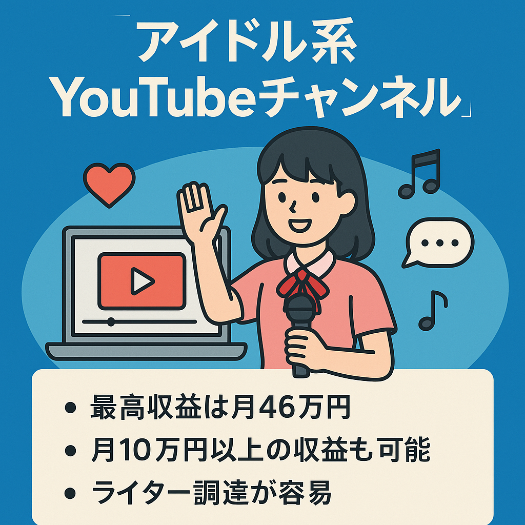 【アイドル系 YouTubeチャンネル】最高収益月46万円・ライター調達が容易で運営は簡単！