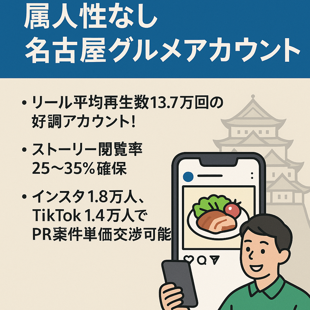 【AV再生数13.7万回】PR案件、他サービスへの集客可能な属人性なし名古屋グルメアカウント