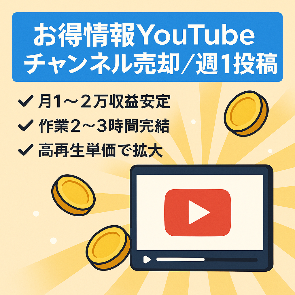 【週1投稿で月1〜2万の安定収益】お得情報について発信するyoutubeチャンネルの販売