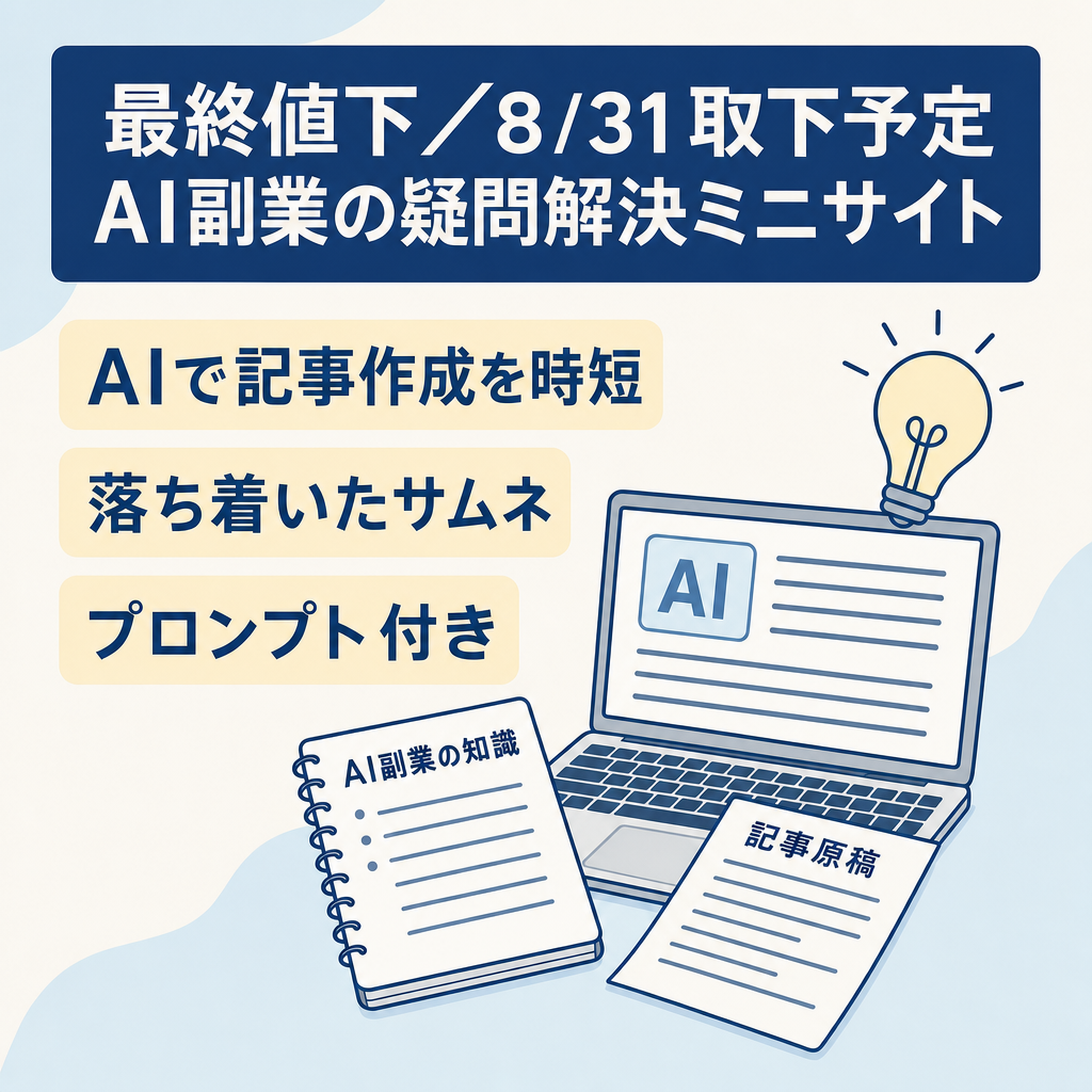 【最終値下・8/31取下】AI副業に関する疑問に答えるミニ情報サイト【AIで時短可能】