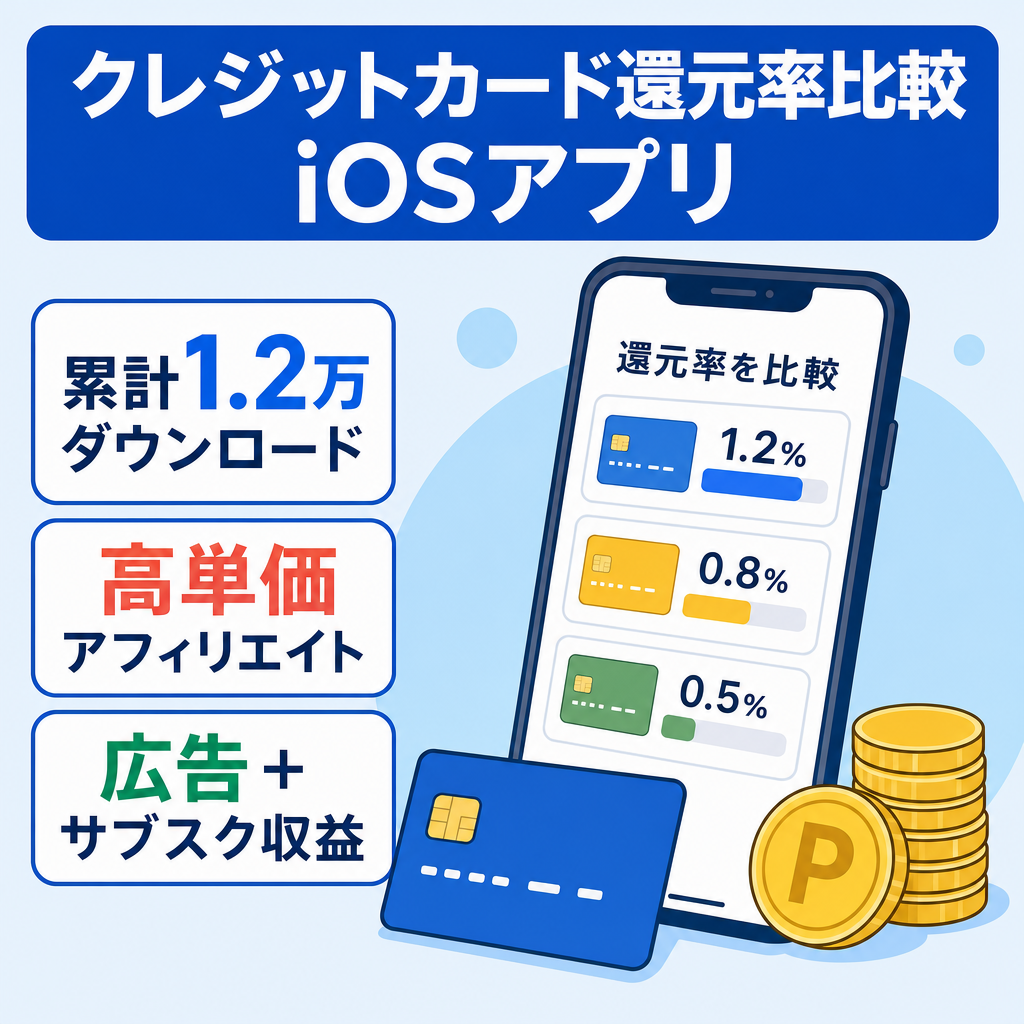 【累計1.2万DL・MAU約1,500人】広告・サブスク収益あり／クレカ還元率比較iOSアプリ