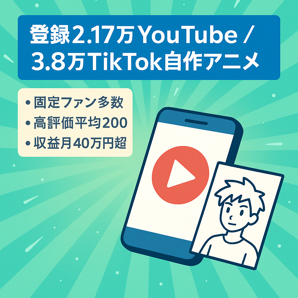 【YouTubeアカウント チャンネル登録21700人】内容:自作簡易アニメ TikTok3.8万人アカウント付き