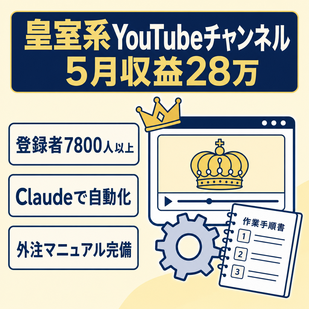 【登録者7800人以上・5月収益28万】皇室系Youtubeチャンネル｜外注化済み・複数の外注マニュアル・Claude Code自動化システムも譲渡